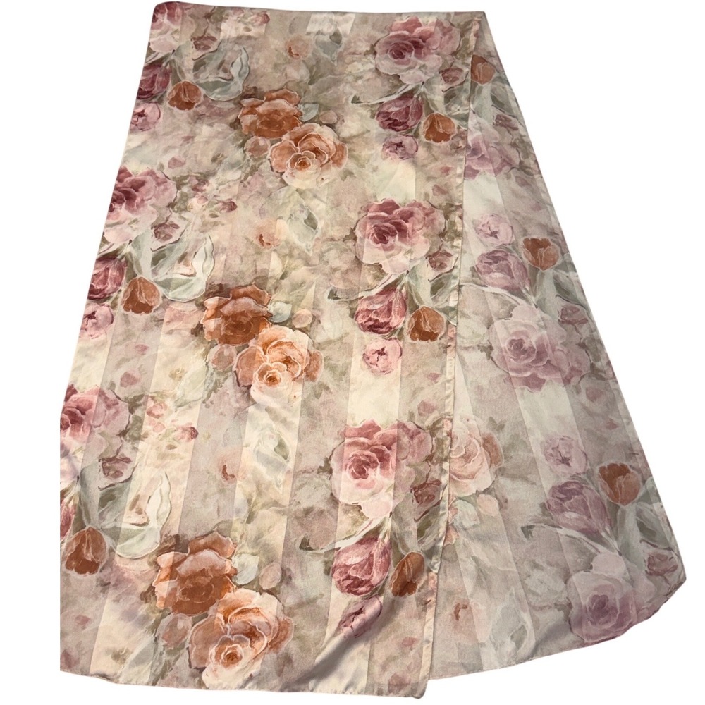Honig Scarves Vintage Made in Italy Floral Satin Stripe Scarf Pink Green 805
